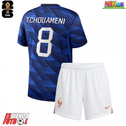 Francia Aurelien Tchouameni #8 Primera Equipación Niños Mundial 2026 Manga Corta (+ Pantalones cortos)